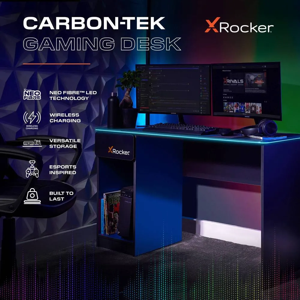 X Rocker Carbon-Tek 120cm LED Gaming Desk with Drawer & Charging in Blue 2