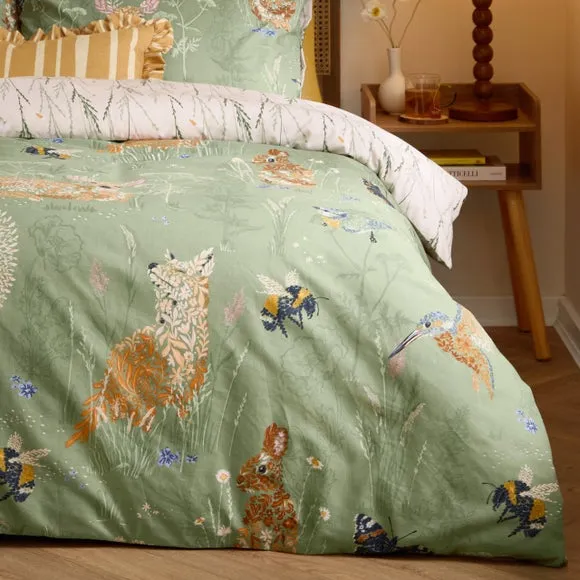 furn Meadow Flora Reversible Printed Duvet Set Single, Green 4