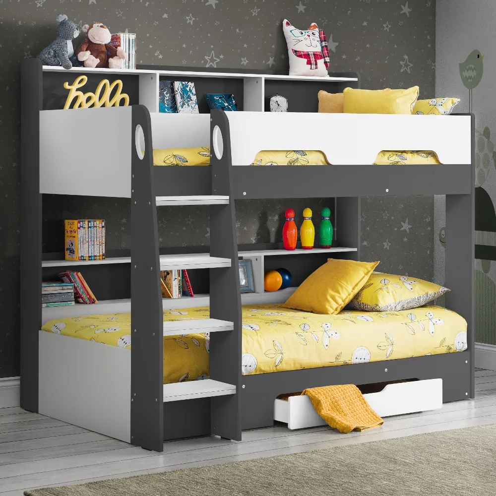 Orion - Single - Kids Bunk Bed - Storage - Grey and White - Wood - 3ft - Happy Beds 1
