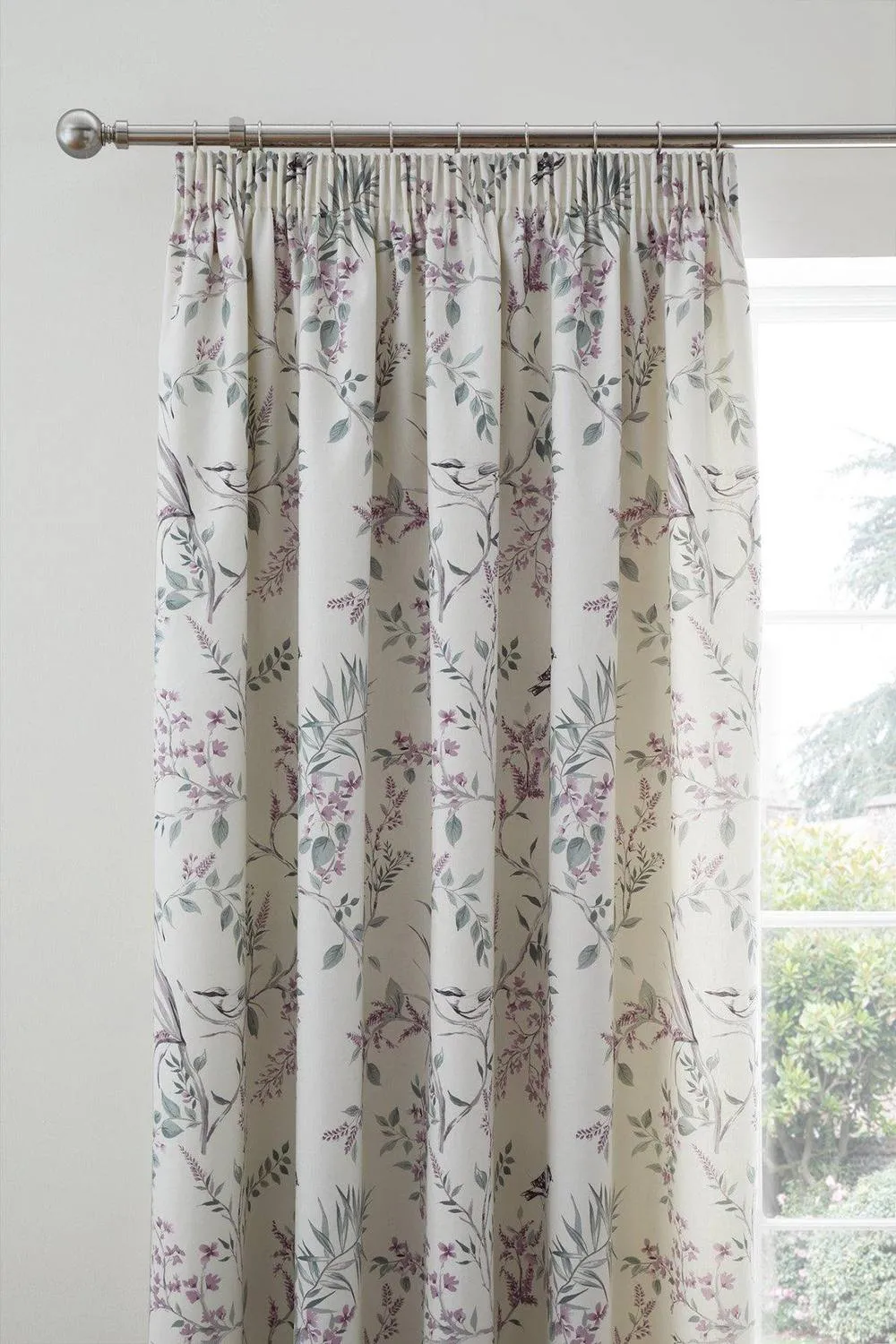 Dreams & Drapes 'Jazmine' 100% Cotton Floral Print Pair of Pencil Pleat Curtains With Tie-Backs in Lavender 4