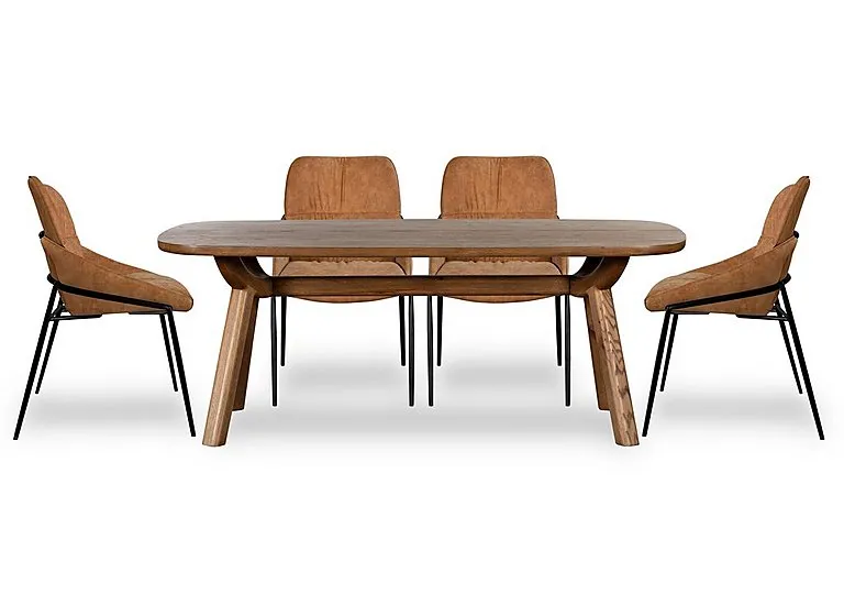 Pien Large Boat Shaped Oak Fixed Dining Table and 4 Faux Leather Chairs with Metal Legs - In Time for Christmas