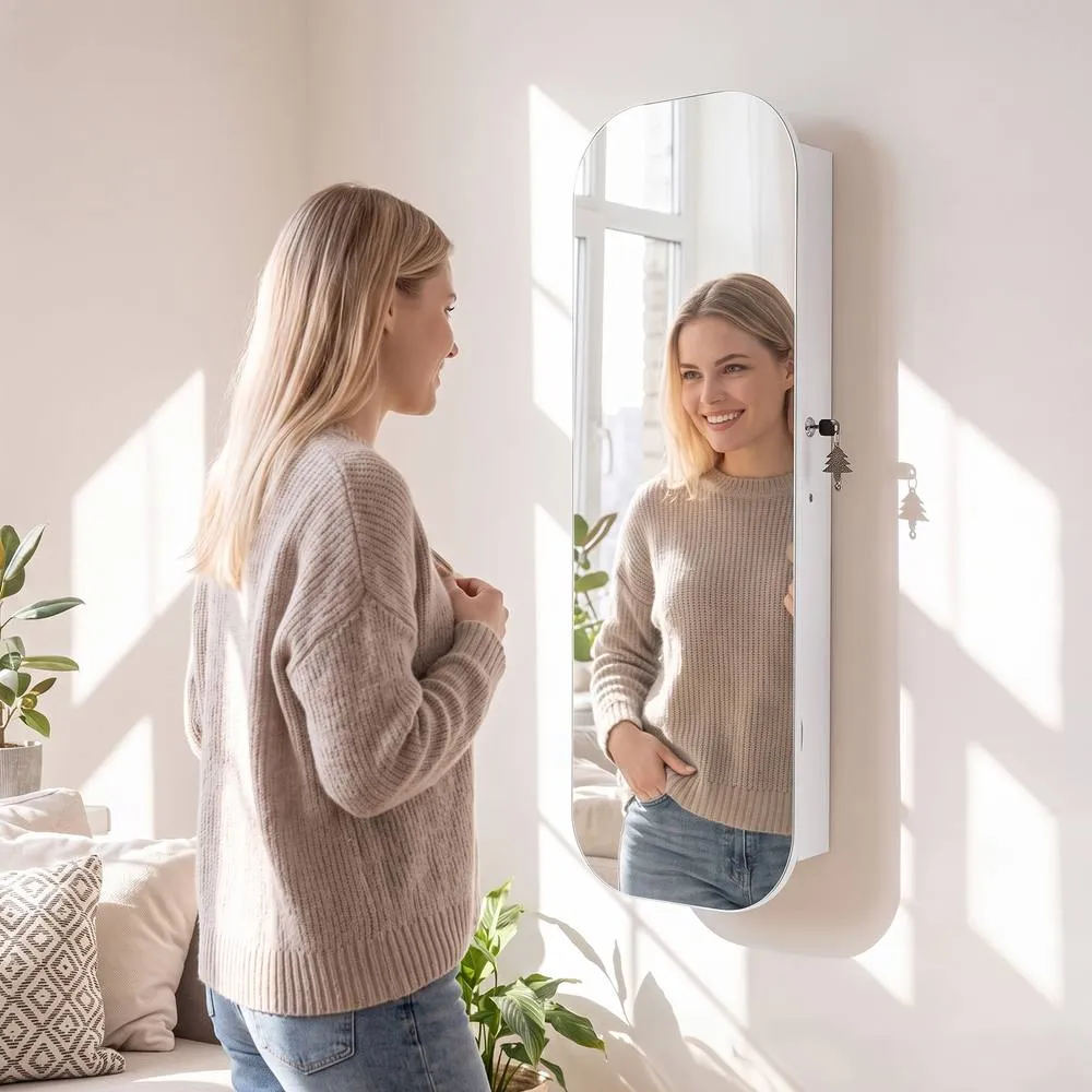 Costway Jewelry Cabinet w/Full-Length Mirror in White 3