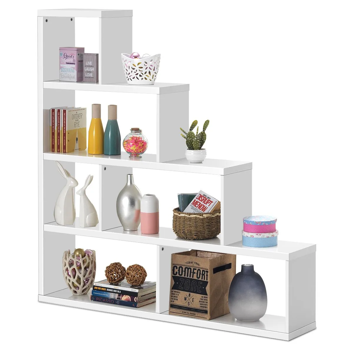 Costway 6-Cube Ladder Bookcase Freestanding Corner Bookshelf 5-Tier Display Shelf in White