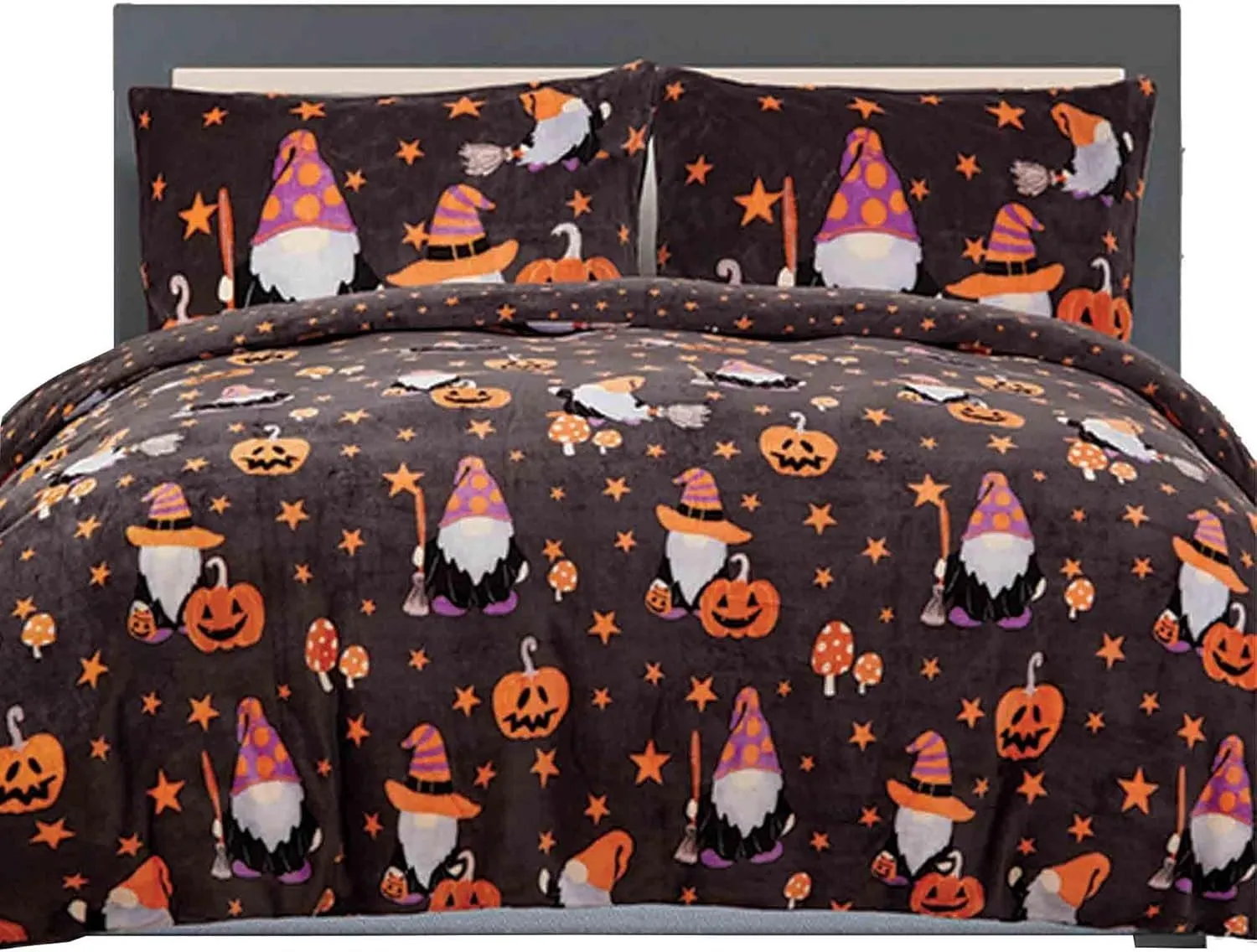 Smart Living Halloween Gonk Flannel Duvet Set Reversible Duvet Cover with Pillowcase in Charcoal