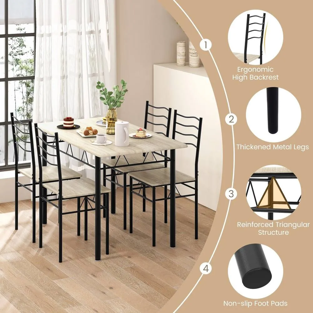 Costway 5 PCS Dining Table Set w/ Rectangular Tabletop Industrial Kitchen Table 4 Chairs Set in Natural 4