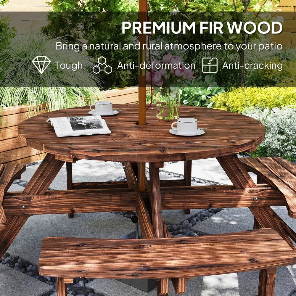 OUTSUNNY Wooden Garden Dining Set with Parasol Hole for Outdoor in Dark Brown 6