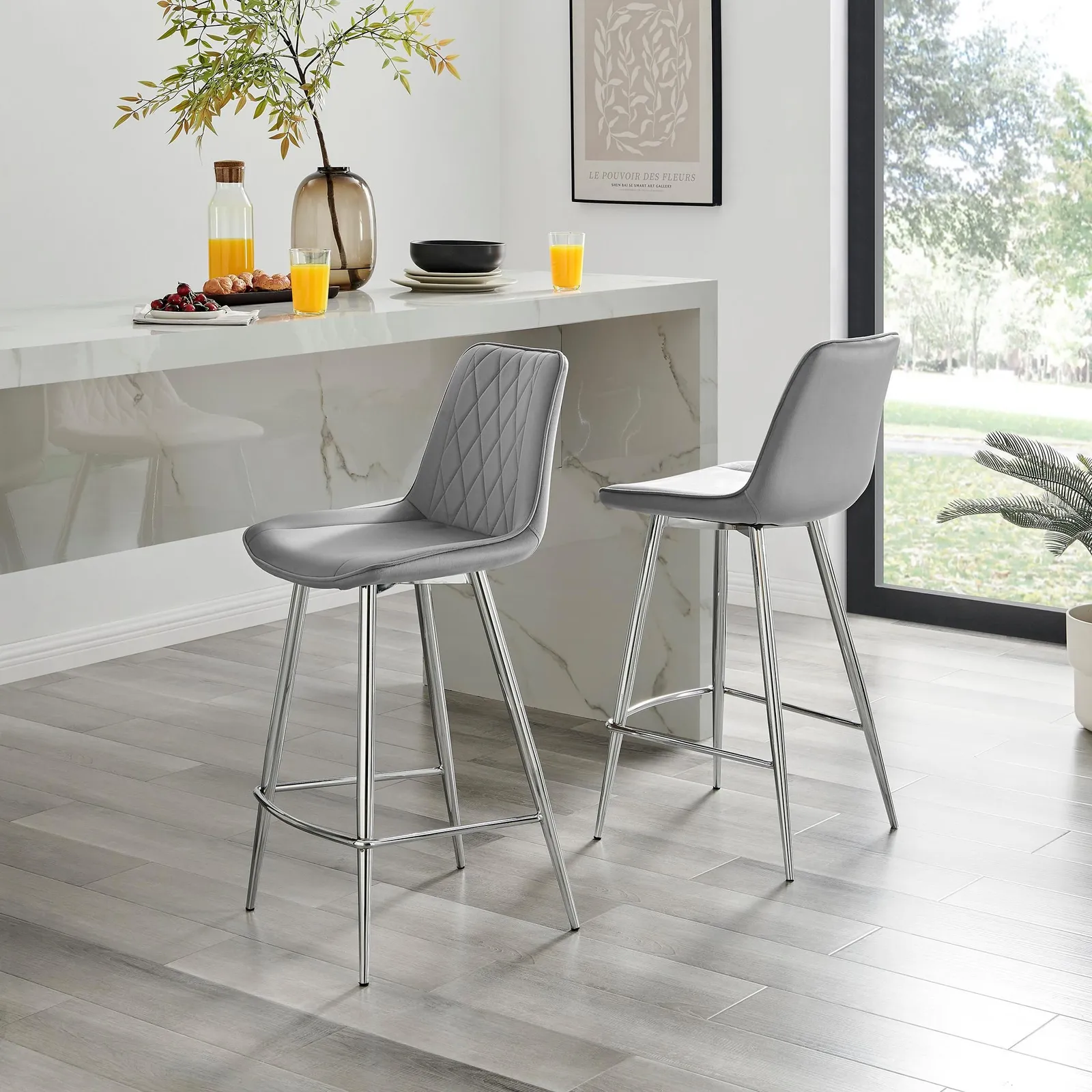 FurnitureboxUK Pesaro Set of 2 Velvet Silver Legs Counter Stools in Grey 1