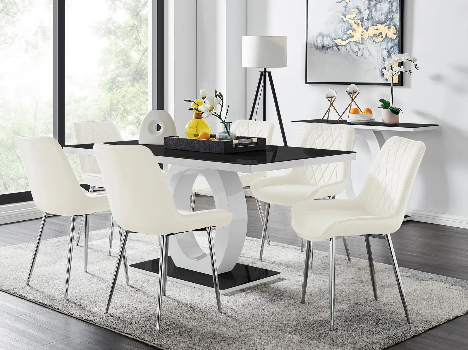 FurnitureboxUK Giovani Rectangular 6 Seat White High Gloss Unique Halo Base Dining Table Black Glass Top 6 Soft Velvet Silver Leg Pesaro Chairs 1