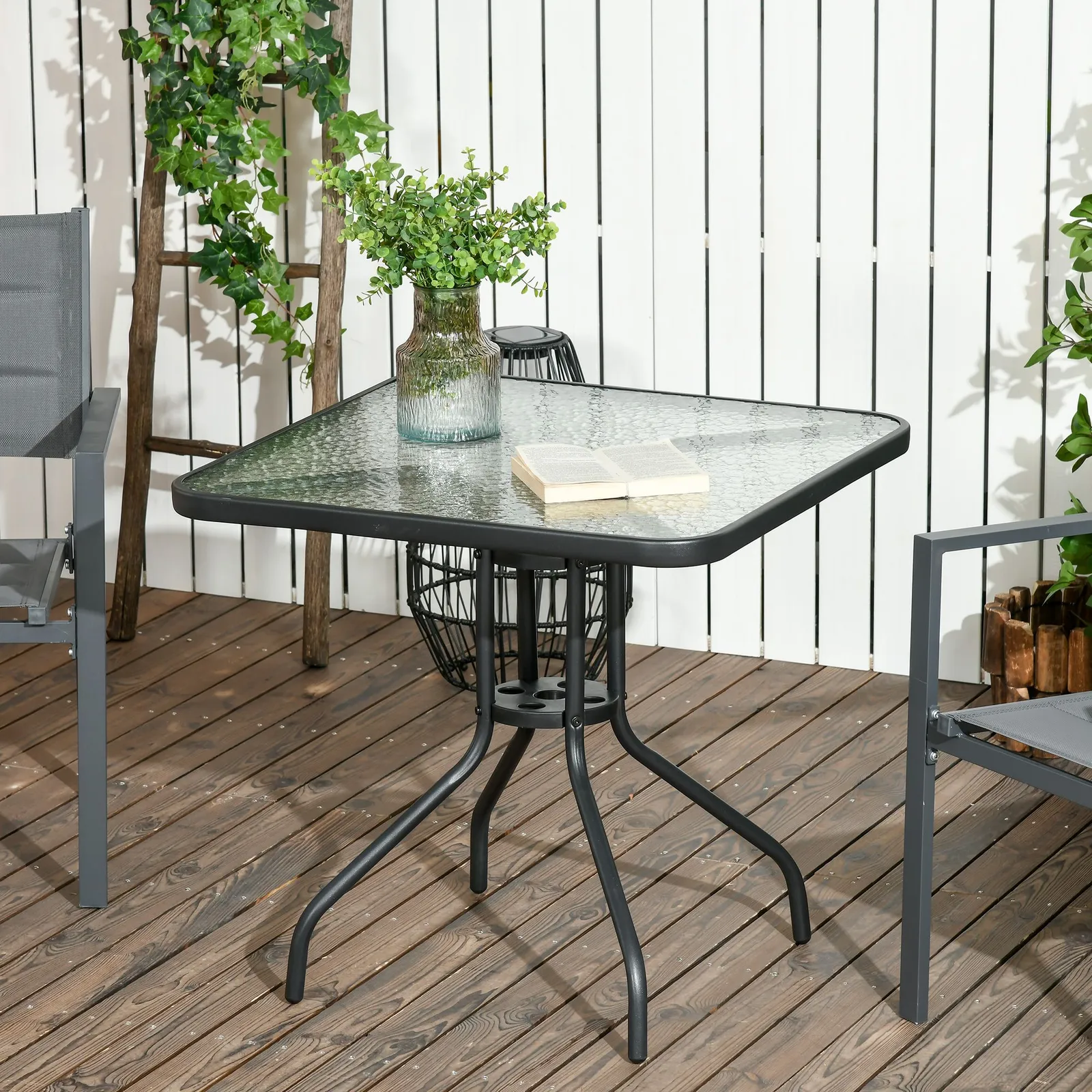 OUTSUNNY Square Patio Table, Glass Top Garden Dining Table 76 x 76cm in Black
