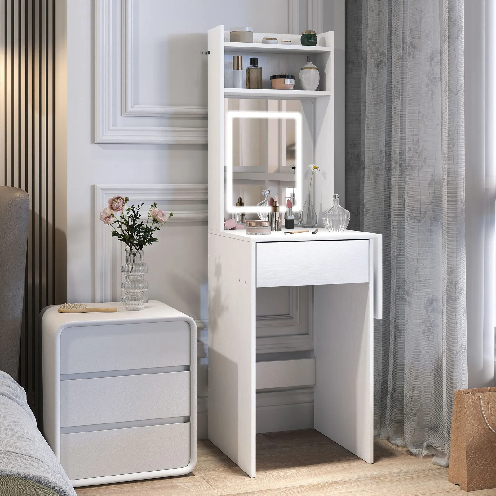 HOMCOM Compact Dressing Table with Lighted Mirror Open Shelves Drawer White