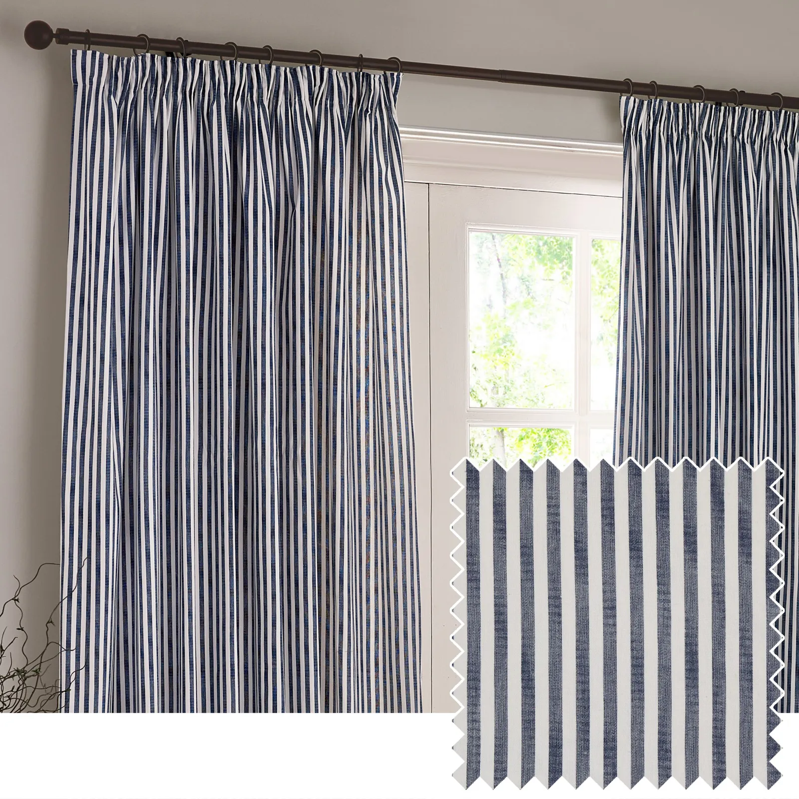 Yard Hebden Striped 100% Cotton Lined Pencil Pleat Curtain Pair in Blue 1