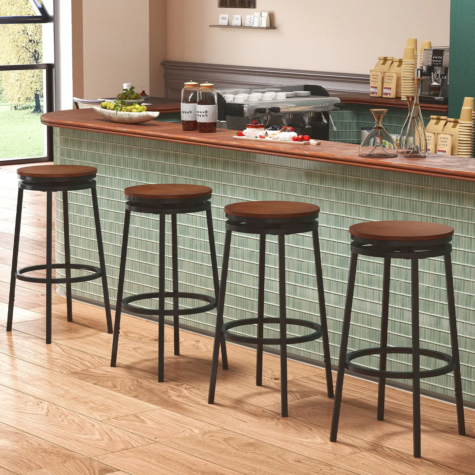 Costway 360° Swivel Bar Stools Set of 2 74/61cm Height Adjustable Stools in Brown 5