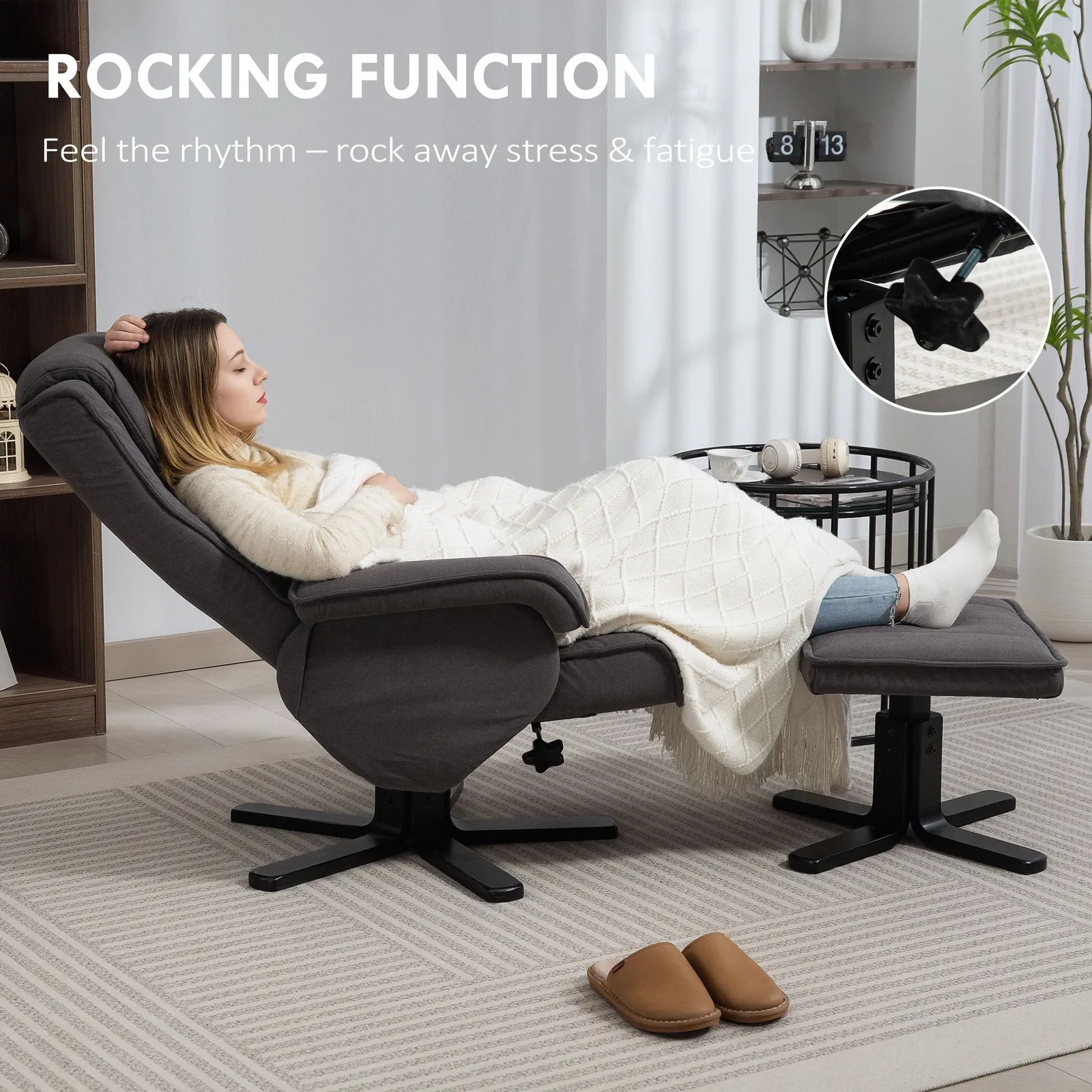 HOMCOM Swivel Recliner Chair with Footstool, Velvet Upholstered in Charcoal 5