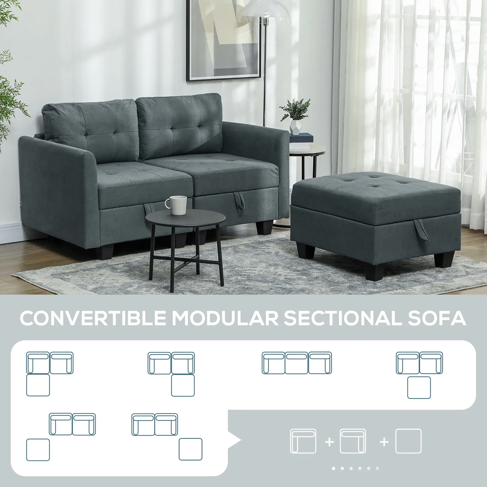 HOMCOM Modular Sectional Sofa with Storage, 2 Seater Sofa Set, Dark Grey 4