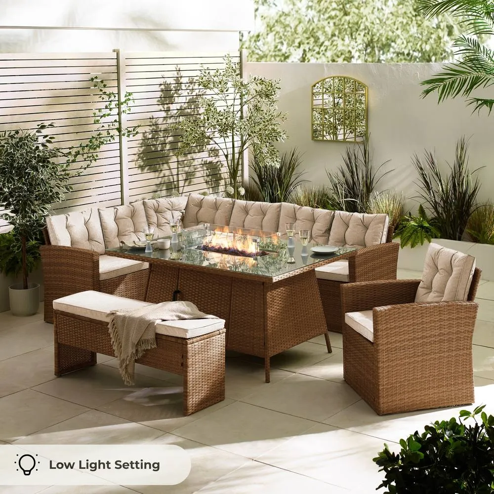 FurnitureboxUK Marbella 9 Seat Rattan Firepit Table Garden Dining Set in Beige 2