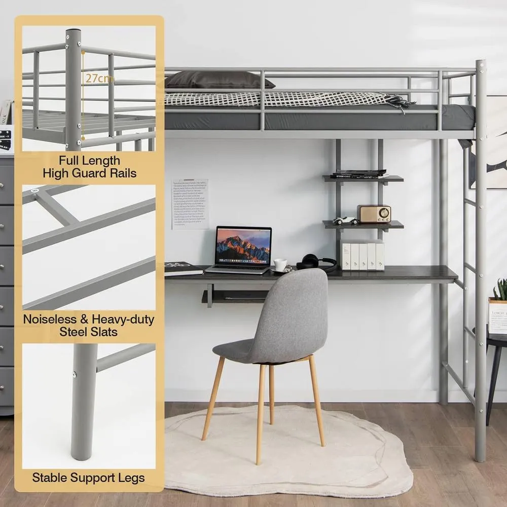 Costway 3.5FT Single Metal Loft Bed Frame High Sleeper Bunk Bed W/ Desk Storage Shelves in Silver 4