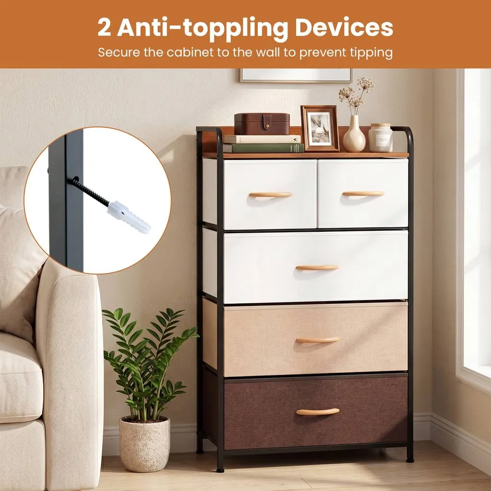 Costway 5-Drawer Fabric Dresser Tall Narrow Storage Tower Organizer With Metal Frame in Brown 3