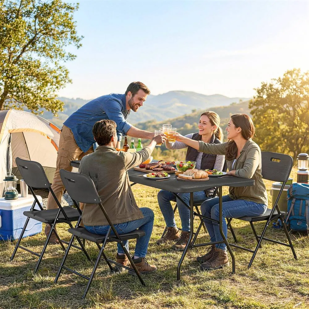 OUTSUNNY 5 Piece 6ft Foldable Table & Chairs, Portable Picnic Table Set in Black