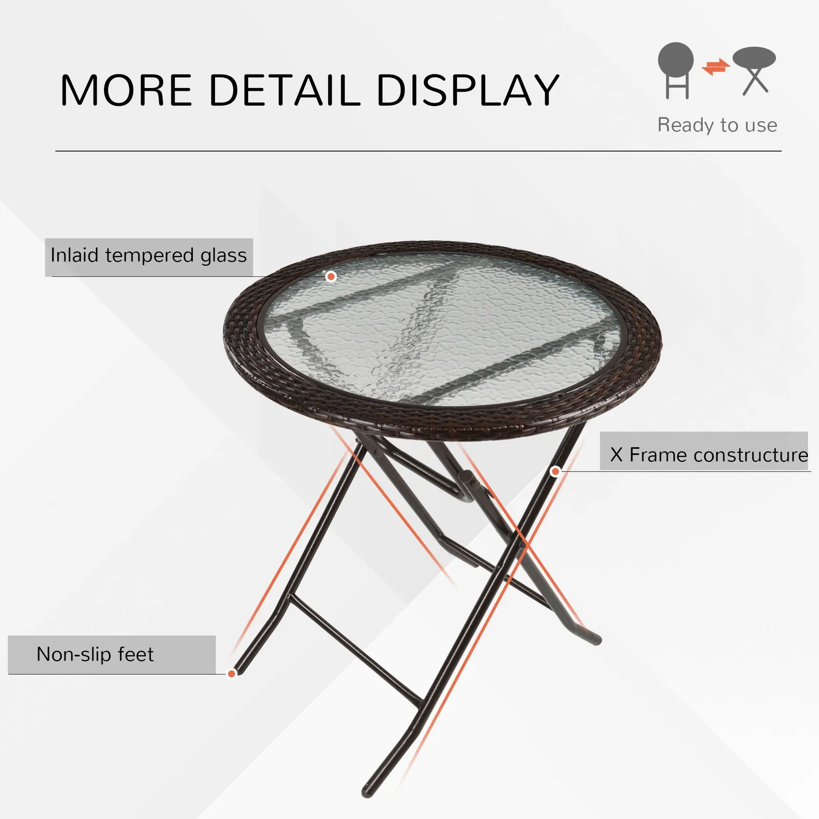 OUTSUNNY Folding Round Tempered Glass Metal Table with Brown Rattan Edging 5