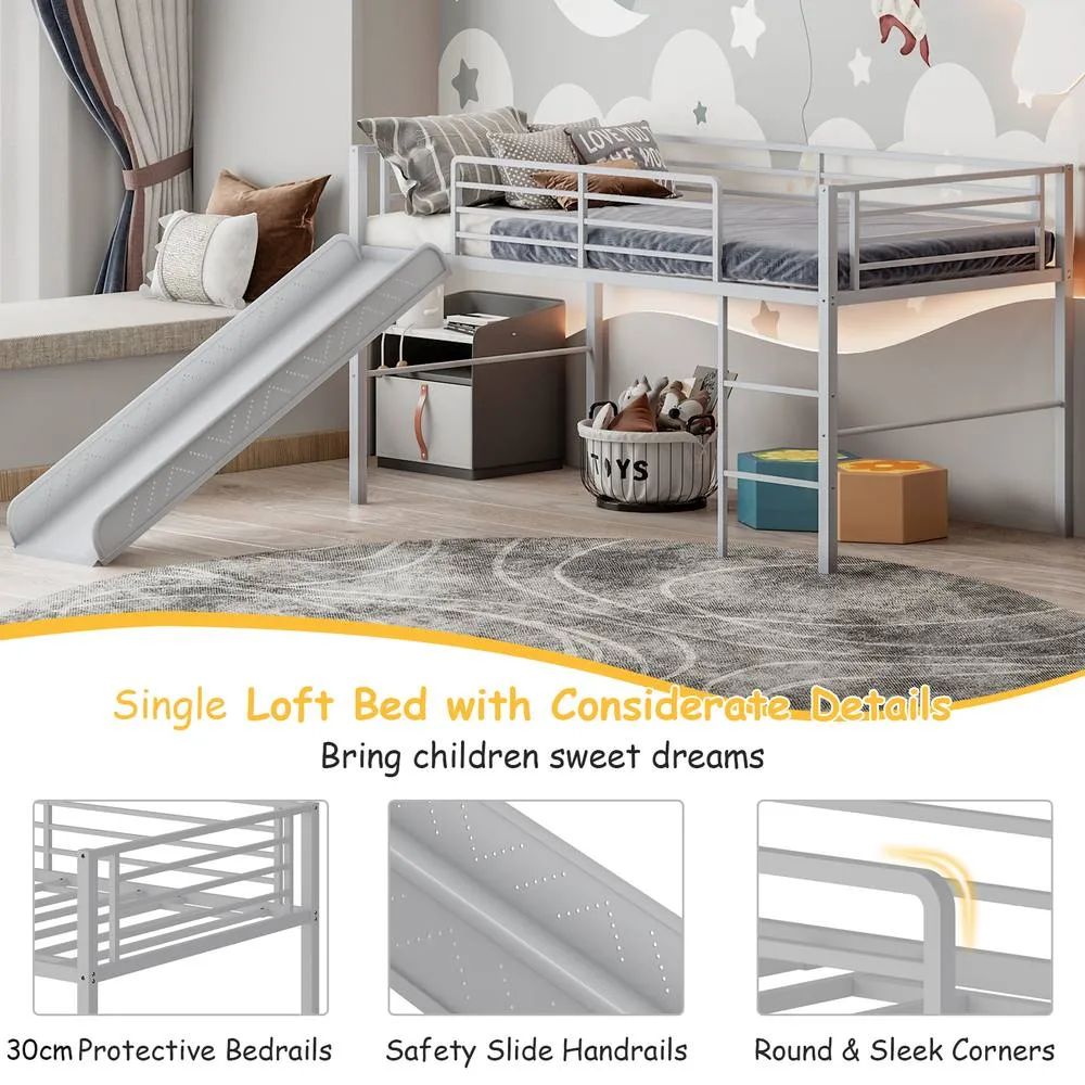 Costway Loft Bed Single Size Low Loft Bed Steel Frame w/Safety Guardrails in Silver 6