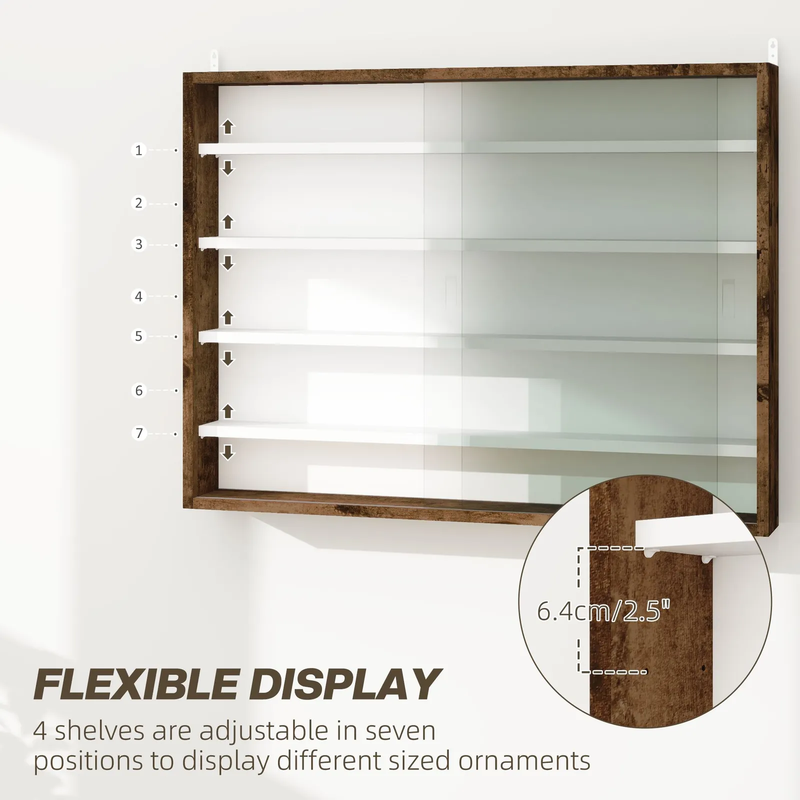 HOMCOM 5-Tier Wall Display Shelf Unit Cabinet w/ Shelves Glass Doors in Brown 4