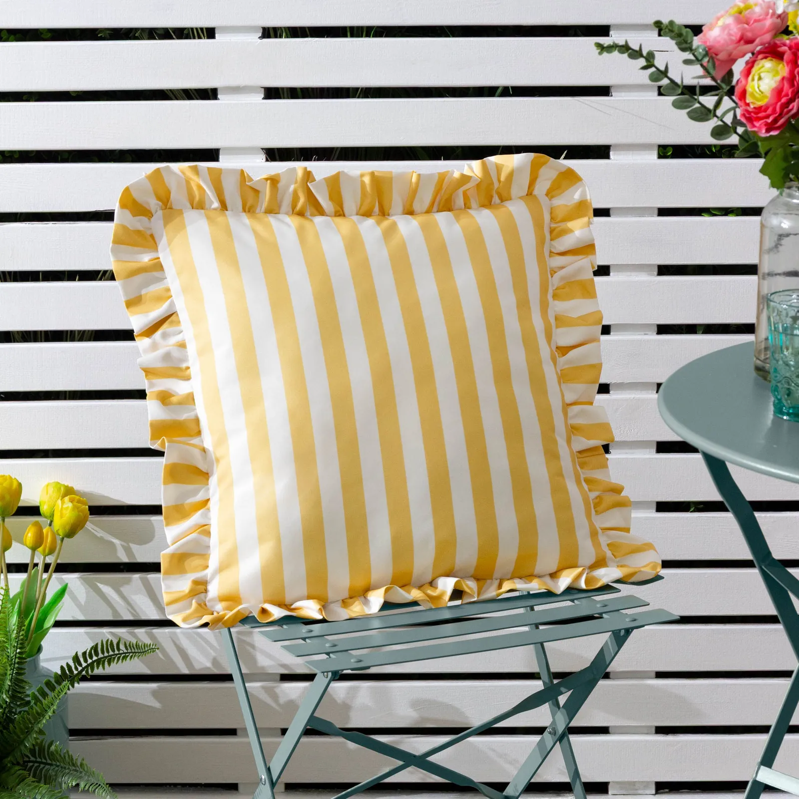Furn Lottie Striped Ruffle Outdoor Cushion in Bright Yellow