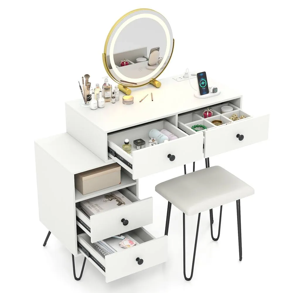 Costway Makeup Vanity Desk Modern Dressing Table Set w/Mirror & Lights-White in White