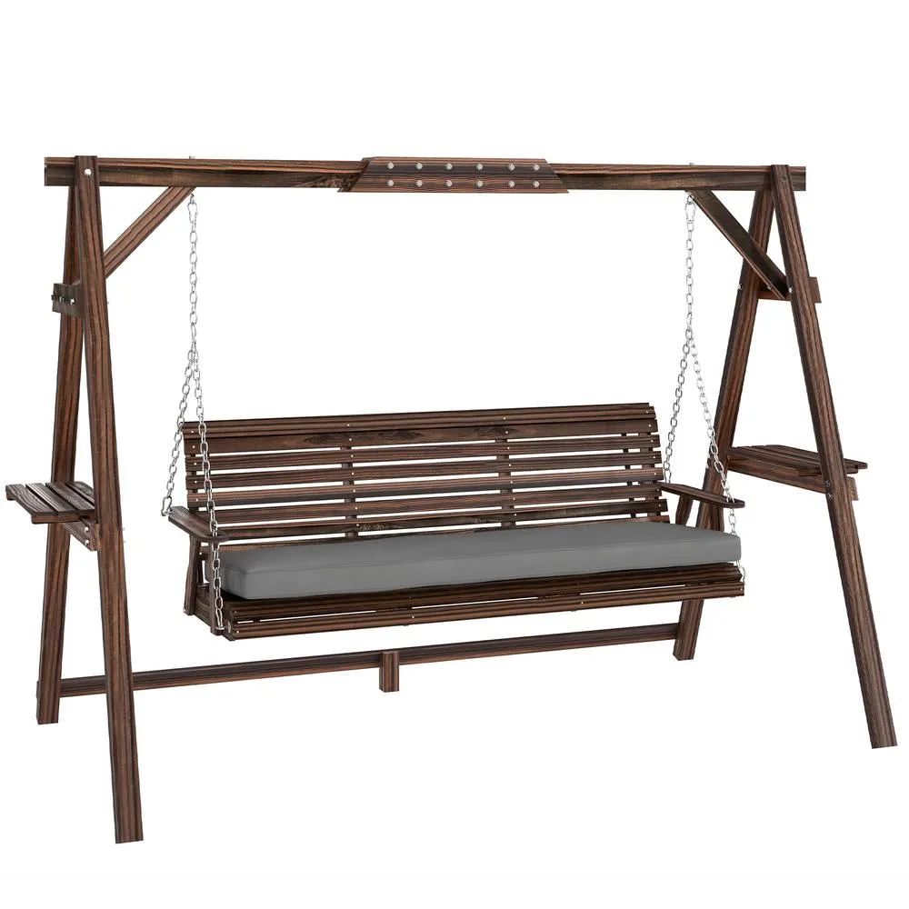OUTSUNNY 3 Seater Wooden Garden Swing Seat Chair with Side Trays & Cushion in Grey 2