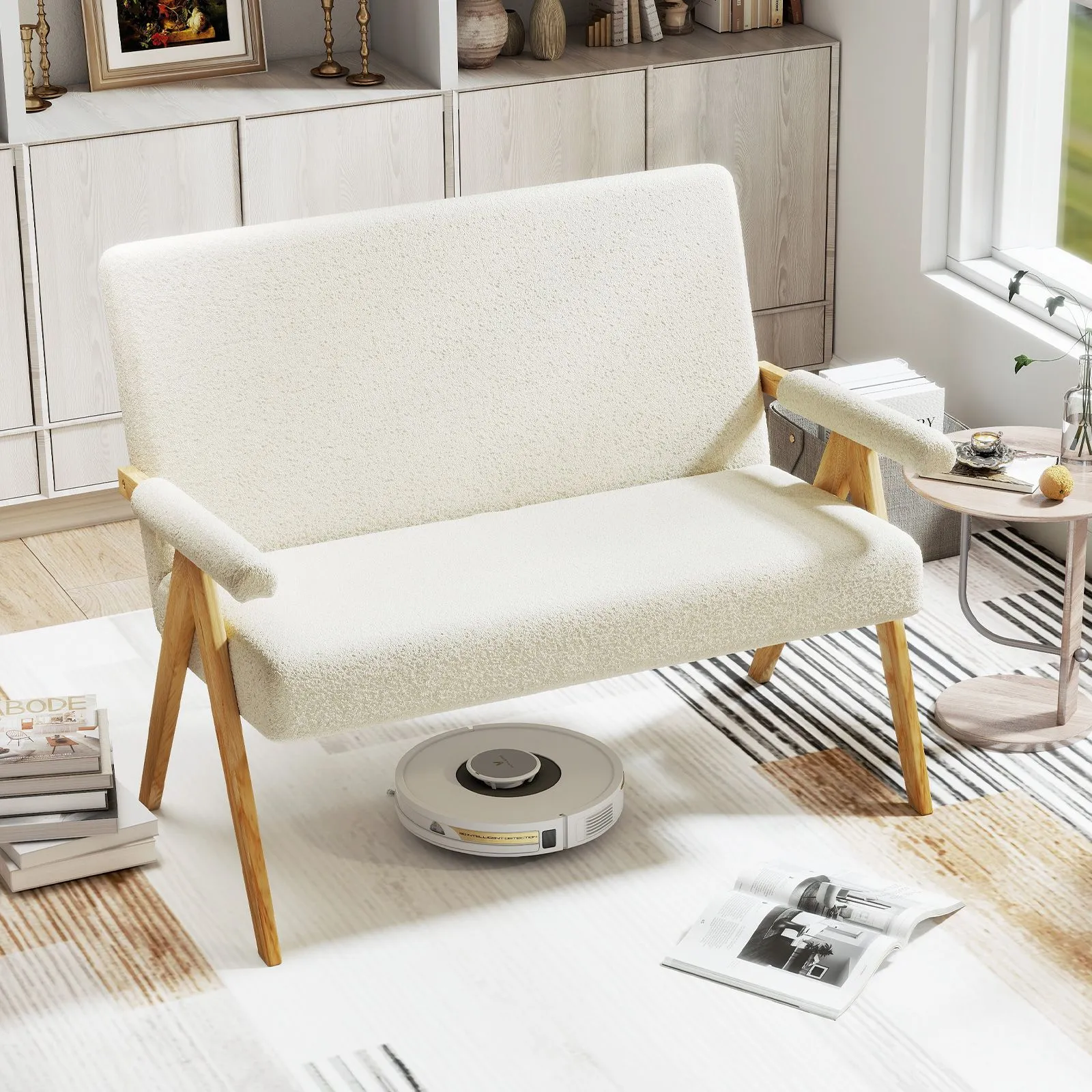 Costway Loveseat Sofa Comfy Upholstered Sherpa Couch with Armrests in White 4