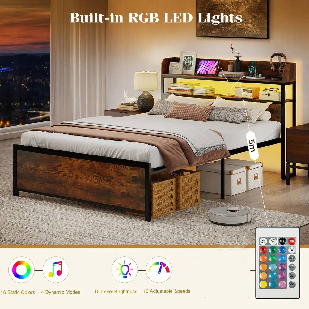 Costway Double Bed Frame w/LED Lights & Power Outlets Platform Bed w/Headboard in Brown 5