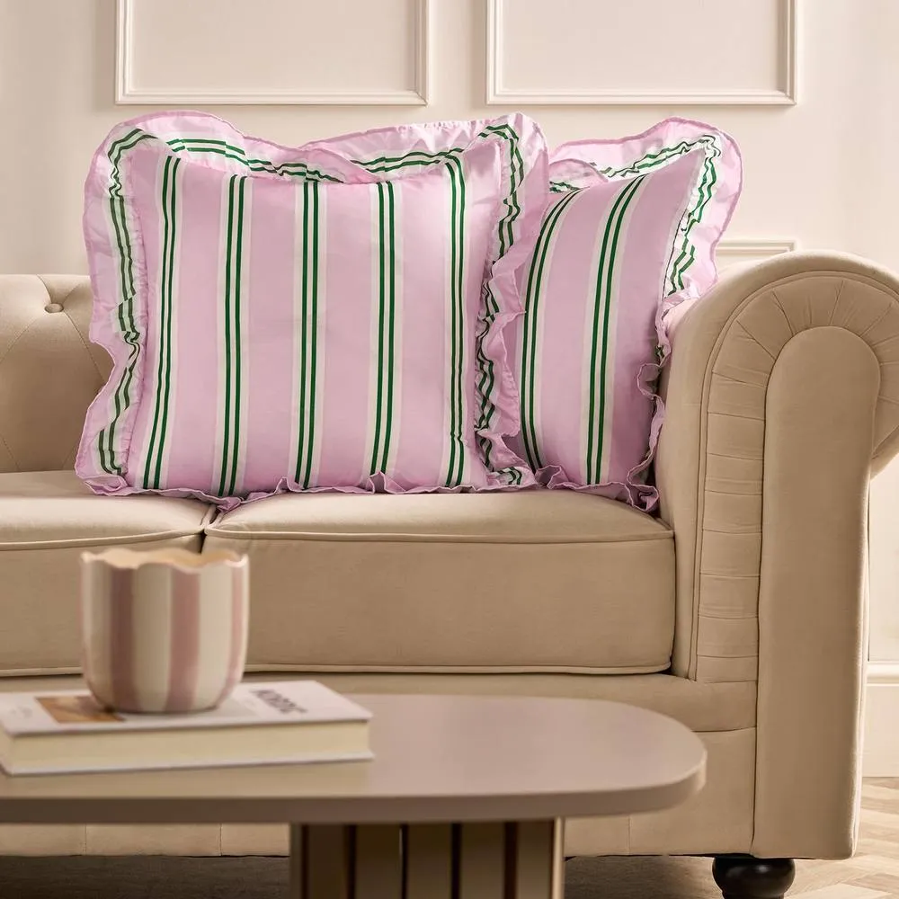 OHS 2 x Double Stripe Faux Linen Frill Cushion Covers in Pink