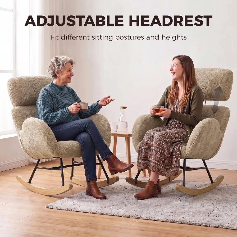 HOMCOM Rocking Chair with Adjustable Headrest Velvet Upholstery Light Brown 5
