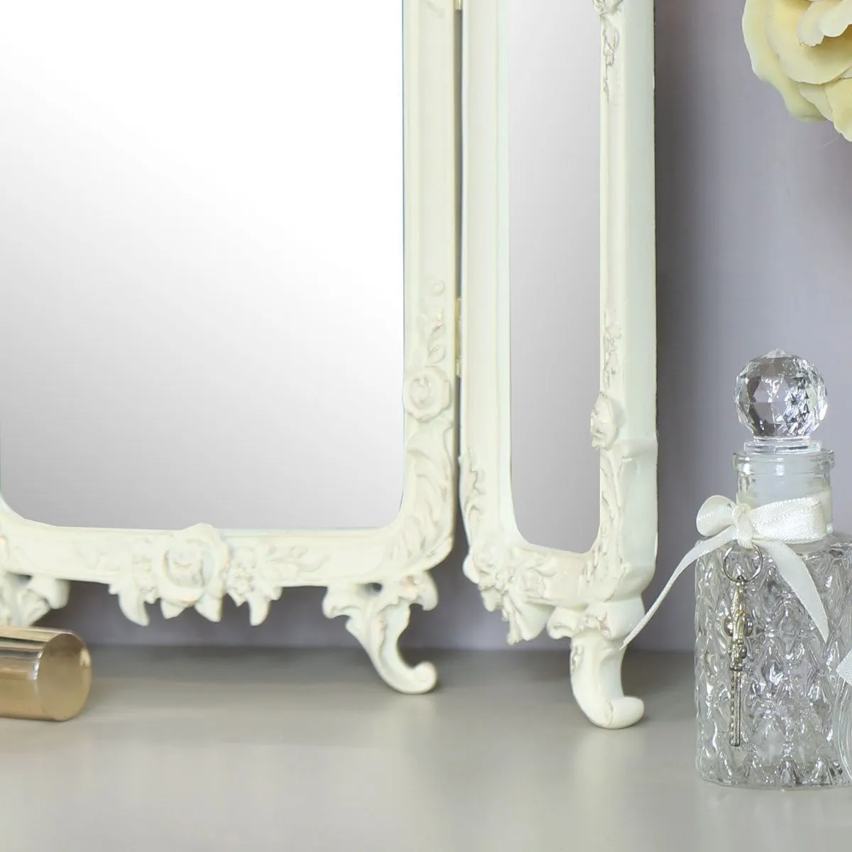 Melody Maison Small Ornate Cream Rose Triple Mirror - 38cm X 38cm 2