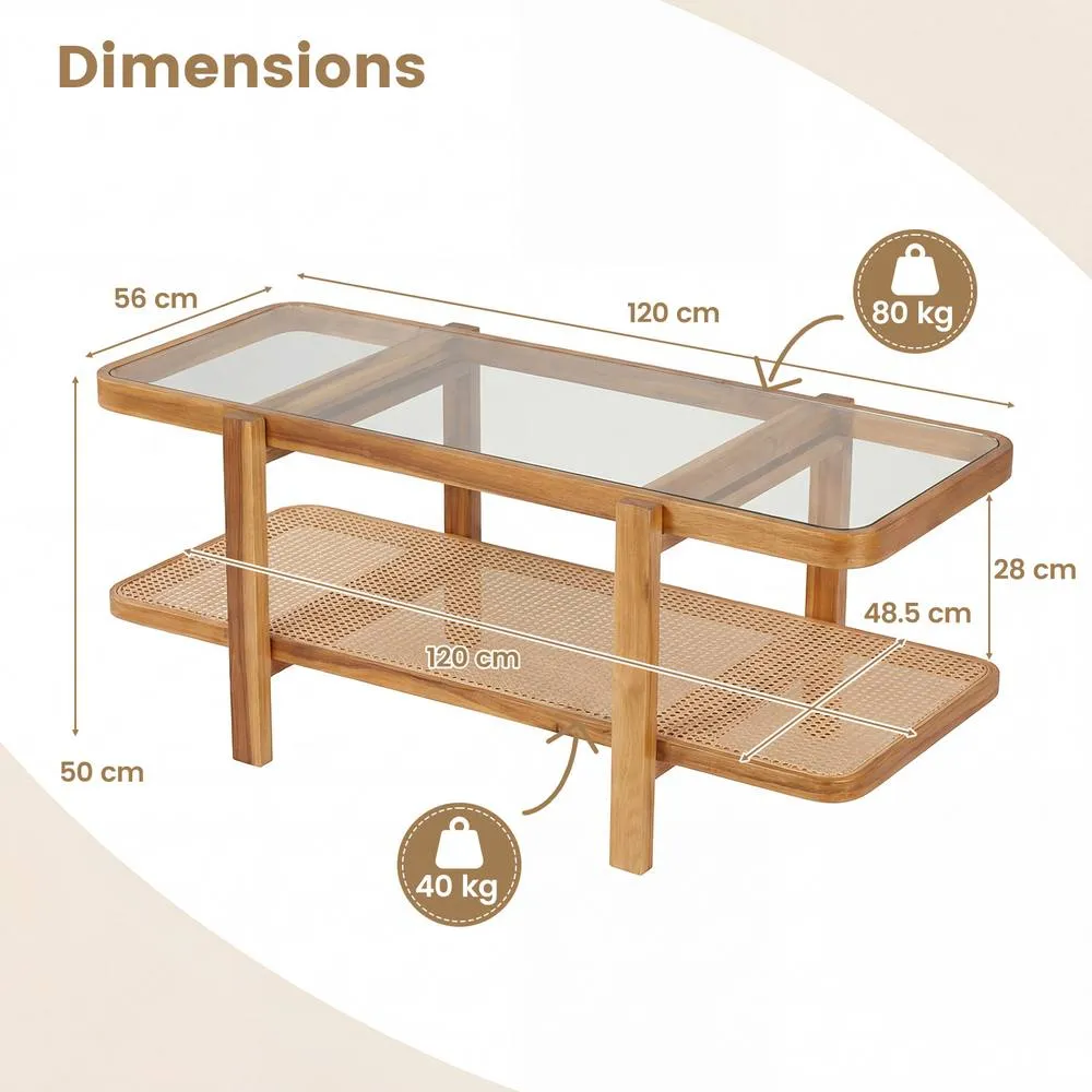 Costway 2-Tier Coffee Table w/ PE Rattan Shelf Table w/ Glass Tabletop in Brown 2