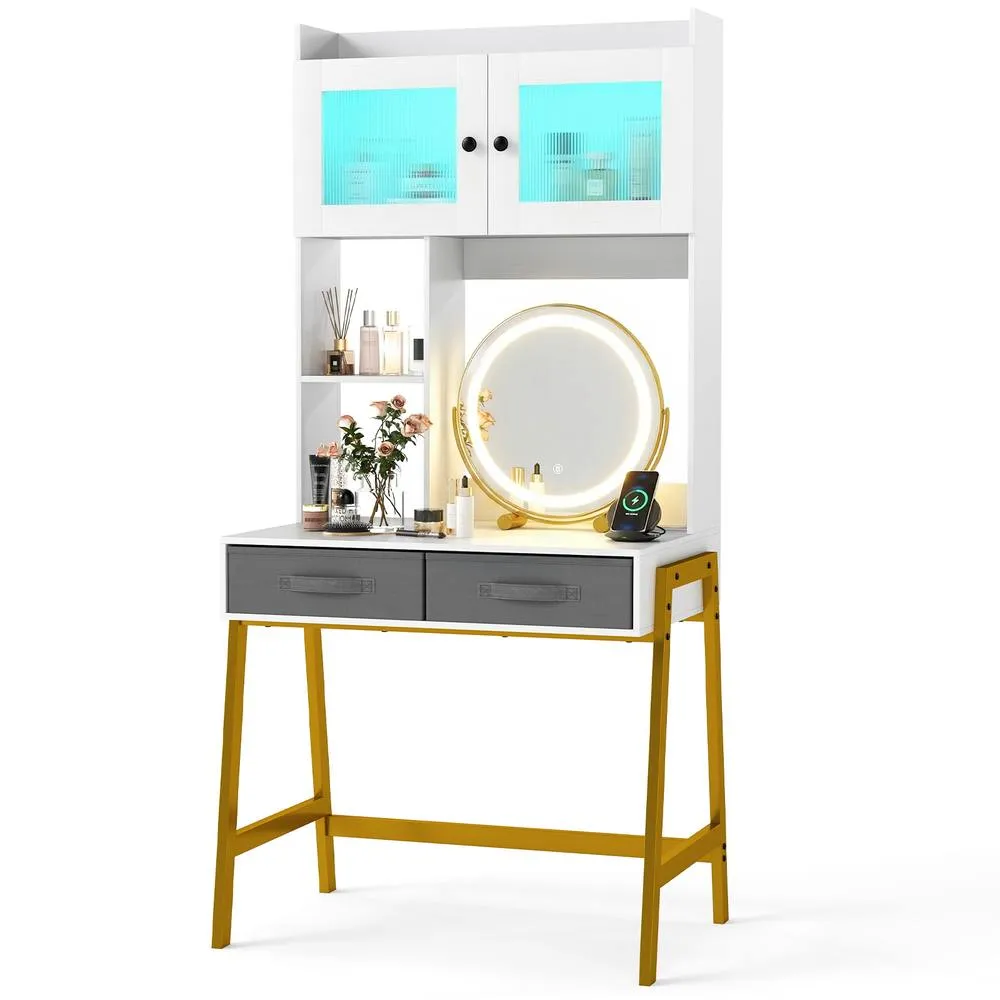 Costway Makeup Table Makeup Vanity Desk with Rotating Mirror & Lights White