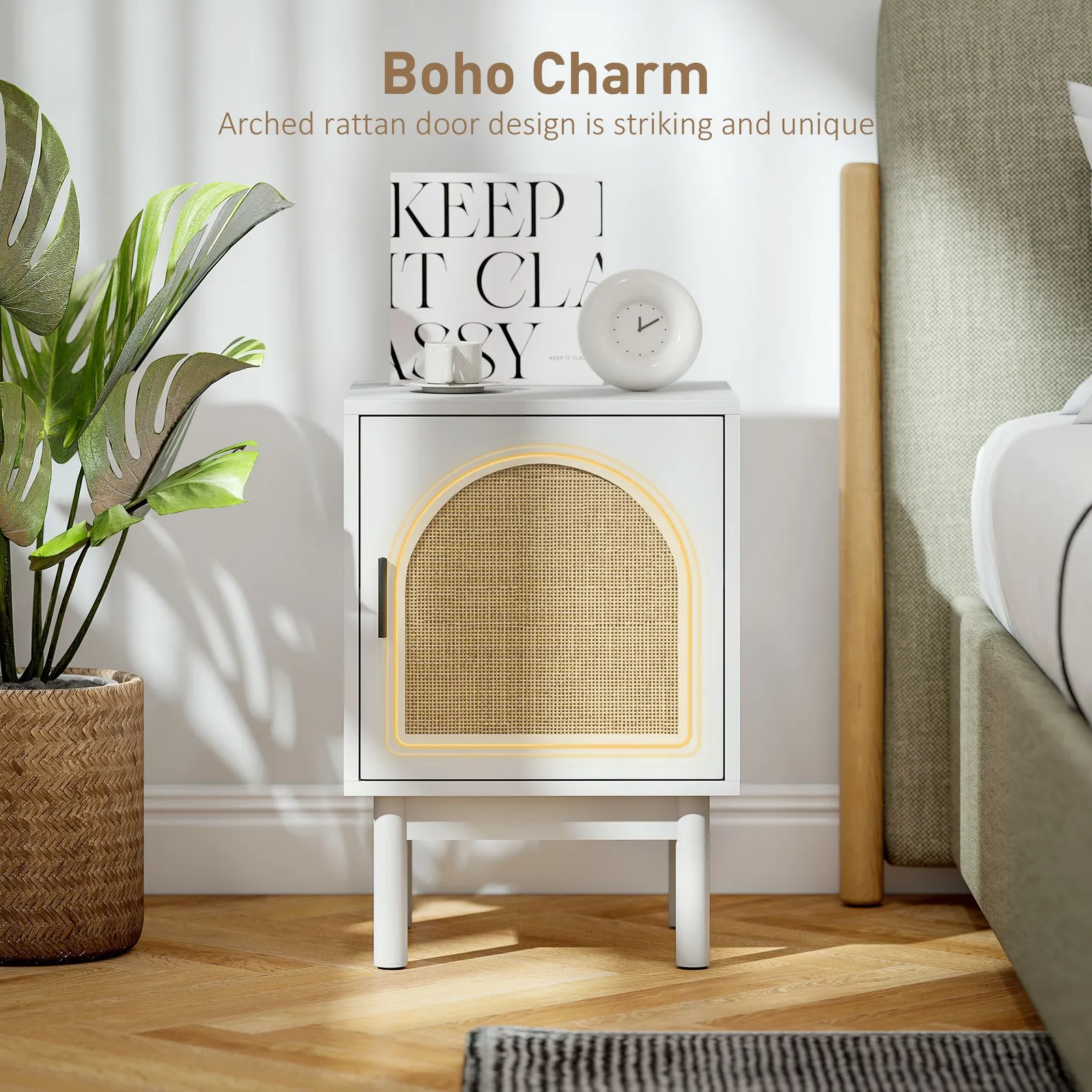 HOMCOM Boho Bedside Table with Rattan Door & Adjustable Shelf in White 6