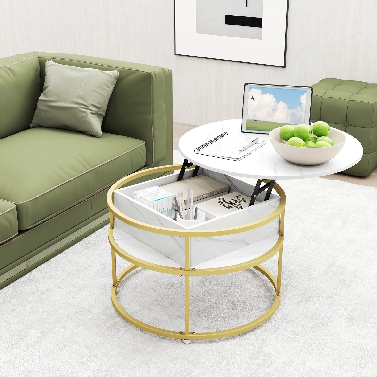 Costway Lift Top Coffee Table 80cm Round Center Table with Side Shelves in White 3