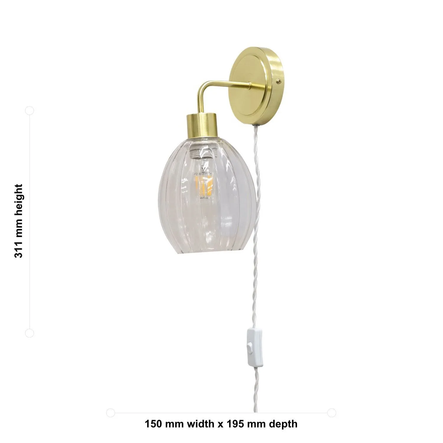 First Choice Lighting Set of 2 Toby - Satin Brass Plug in Wall Lights Fluted Shades in Gold 6