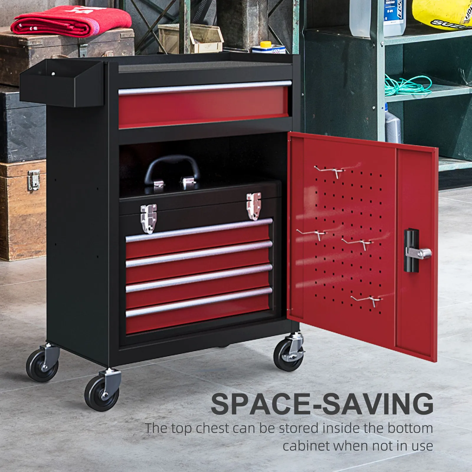 HOMCOM Rolling Tool Cabinet with 5 Drawers Lockable Cabinet Tool in Red 5