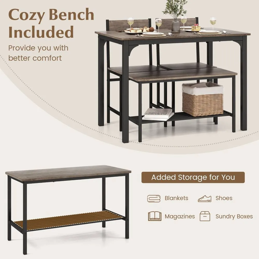 Costway 4-Piece Dining Table Set Kitchen Table with 2 Chairs & a Bench in Grey 6