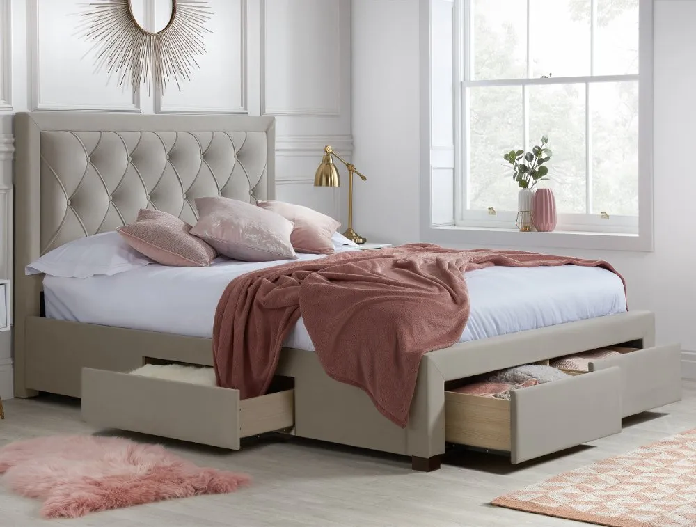 Woodbury - Super King Size - 4 Drawer Storage Bed - Warm Stone - Velvet - 6ft - Happy Beds 1