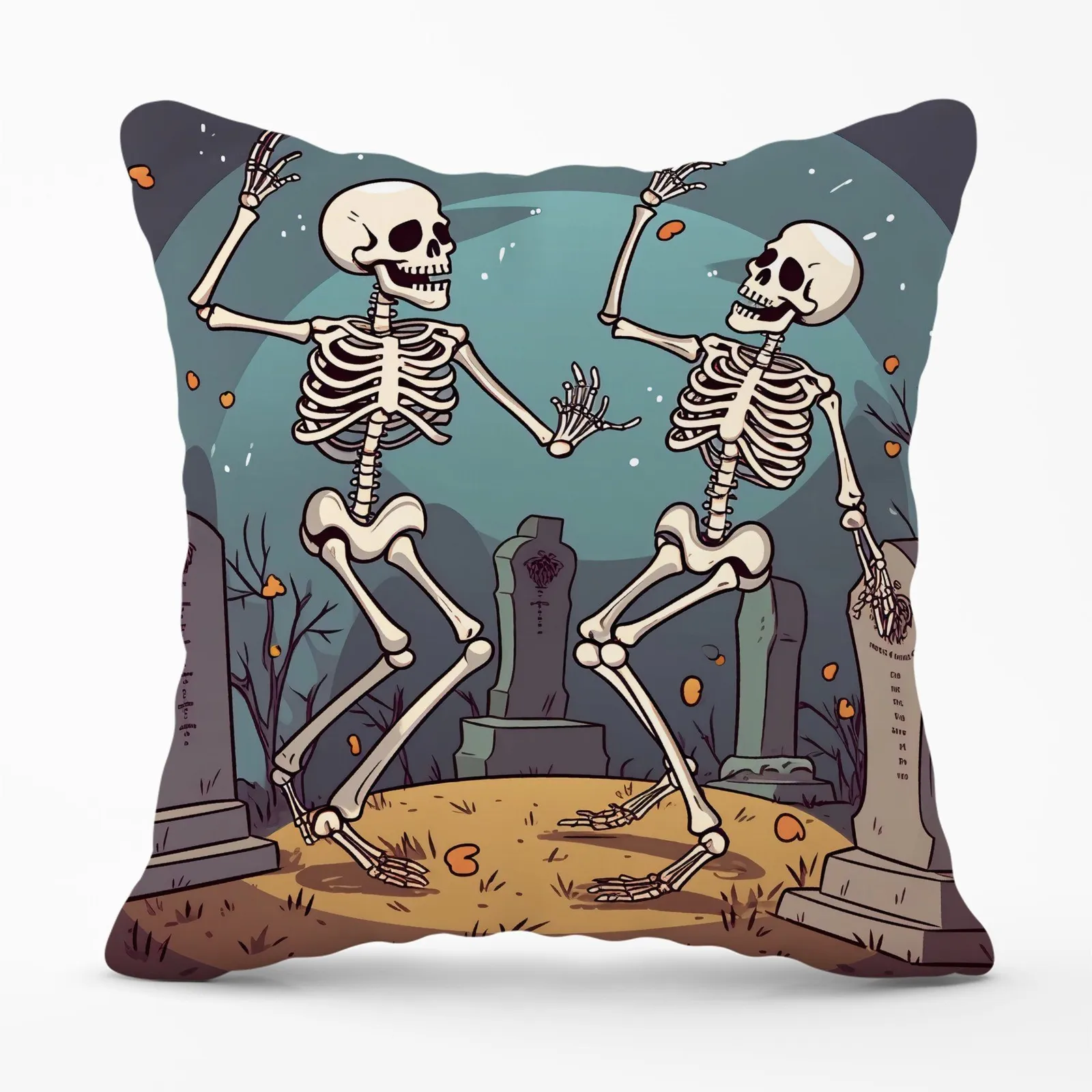 Warren Reed - Designer Dancing Skeletons In A Graveyard Cushions in Black