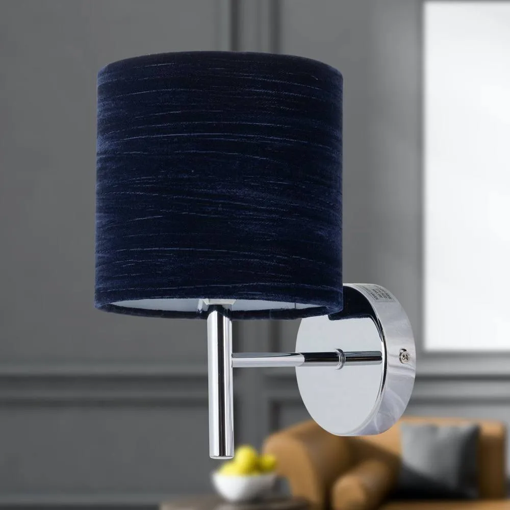 First Choice Lighting Set of 2 Brea - Chrome Wall Lights with Navy Blue Velvet Shades in Silver 5