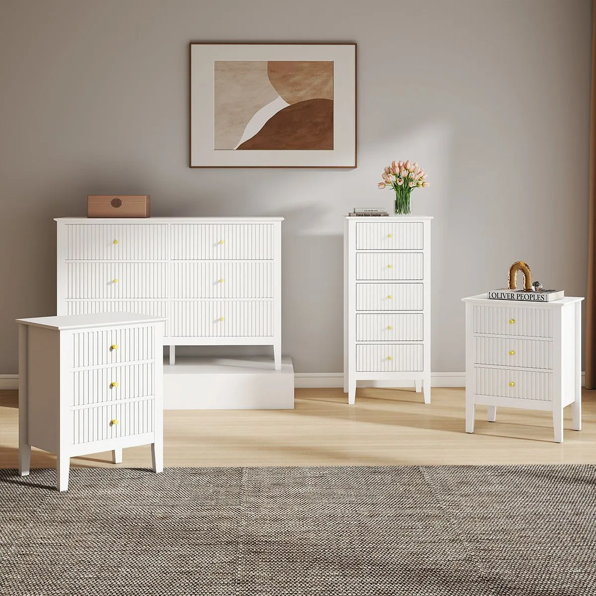 Melody Maison 6 Drawer Chest Of Drawers, Tall 5 Drawer Bedside Table & Pair Of 3 Drawer Bedside Tables - Hales White Range