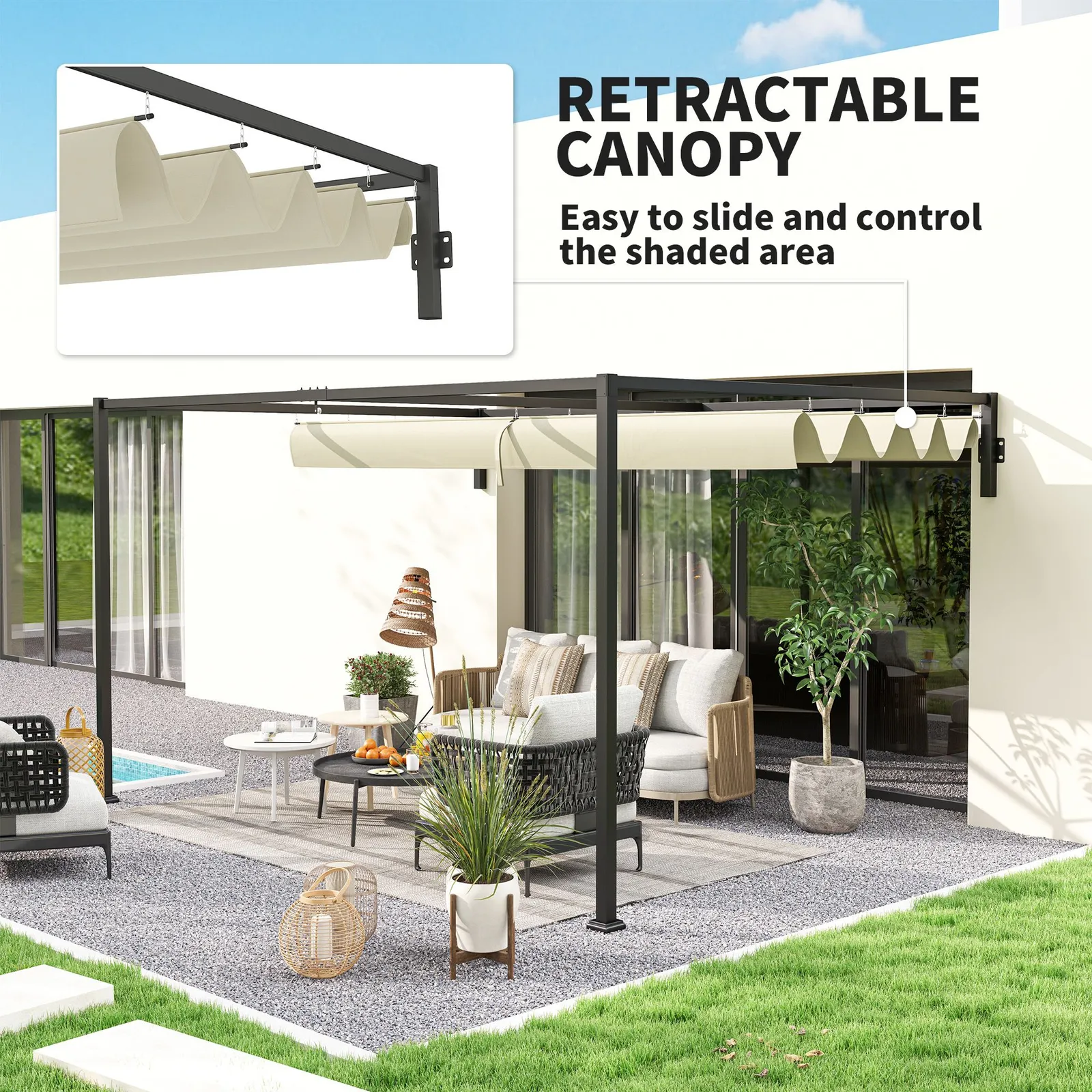 OUTSUNNY 3 x 4m Wall Mounted Pergola with Retractable Roof, Khaki 5