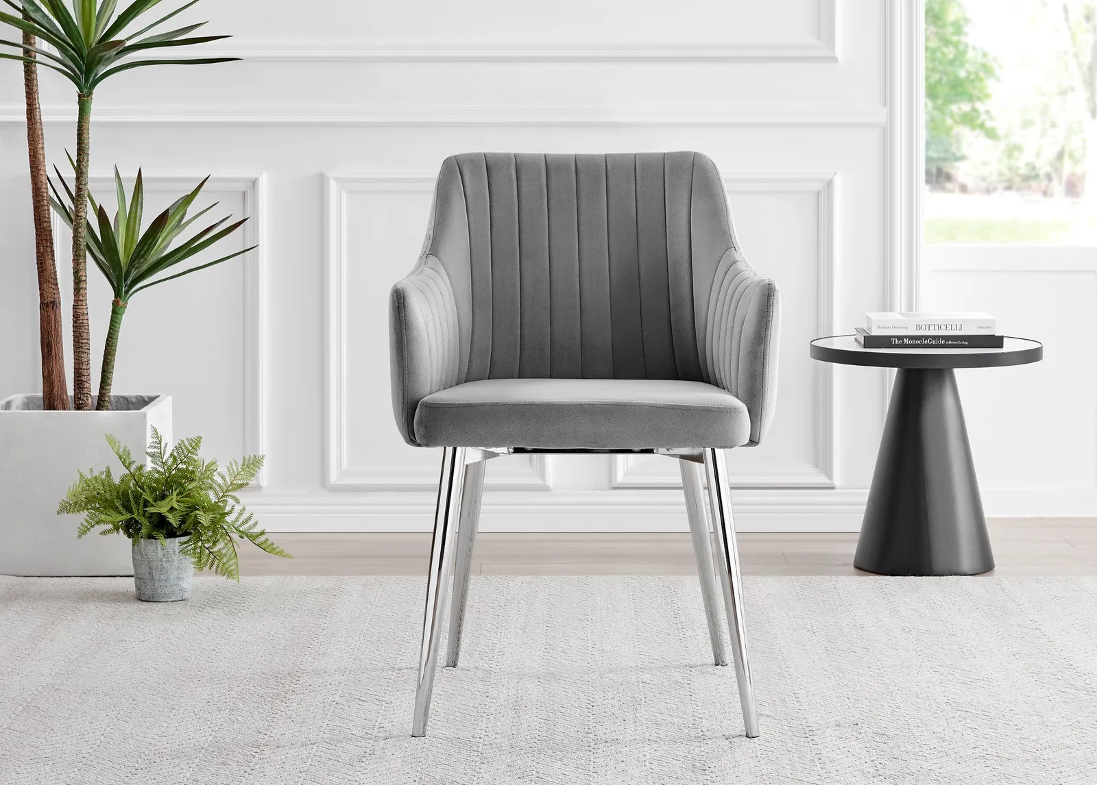 FurnitureboxUK Set of 2 Calla Deep Padded Dining Chairs Upholstered in Soft Velvet With Silver Chrome Legs in Grey 3