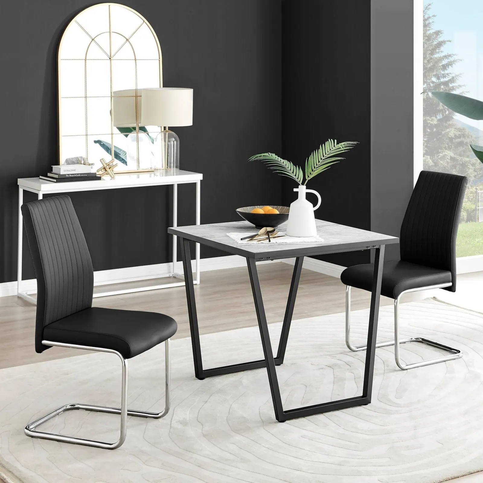 FurnitureboxUK Carson White Marble Effect Square Dining Table & 2 Faux Leather Lorenzo Chairs in Black