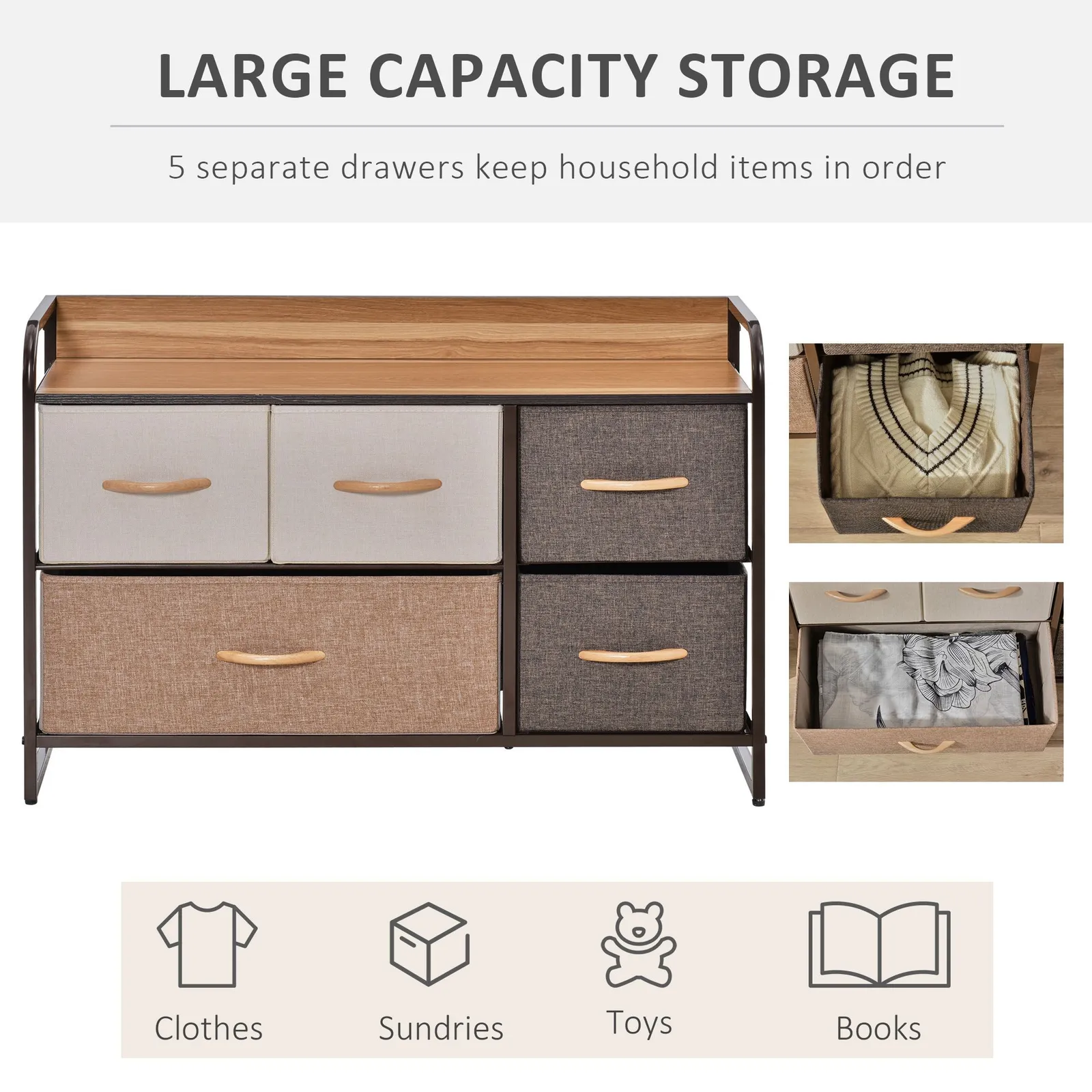 HOMCOM Drawers Storage Tower Dresser with Wood Top Steel Frame Storage in Brown 6