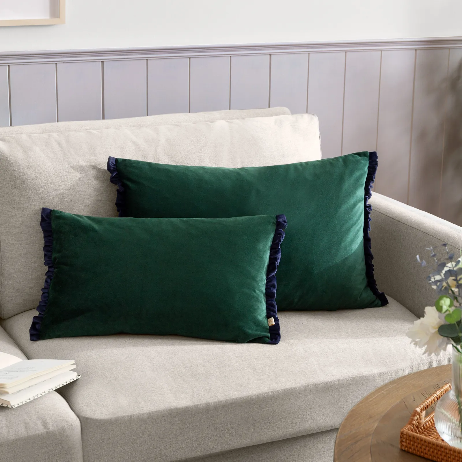 Wylder Tilly Velvet Frill Reversible Cushion in Bottle Green 5