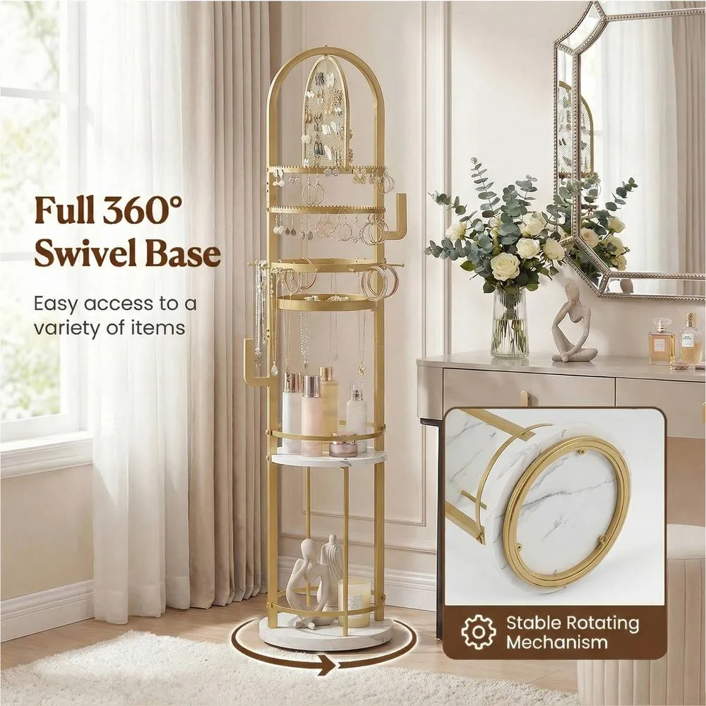 Costway Jewelry Organizer Stand Rotating Jewelry Storage Rack w/Earring Holder in Gold 6